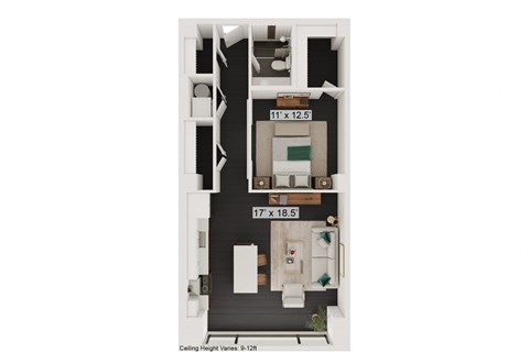 Floor plan for 1 bed, 1 bath, 747 sqft